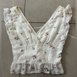 Line & Dot White Blouse with Pink Roses